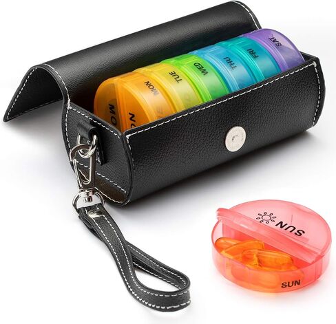 Weekly Pill Organizer 2 Times a Day,AM PM Large Daily Pill Box with PU Leather Case for Travel,Round Medicine Organizer,7 Day Pill Container for Vitamin Fish Oils Supplement-Black in Saudi Arabia