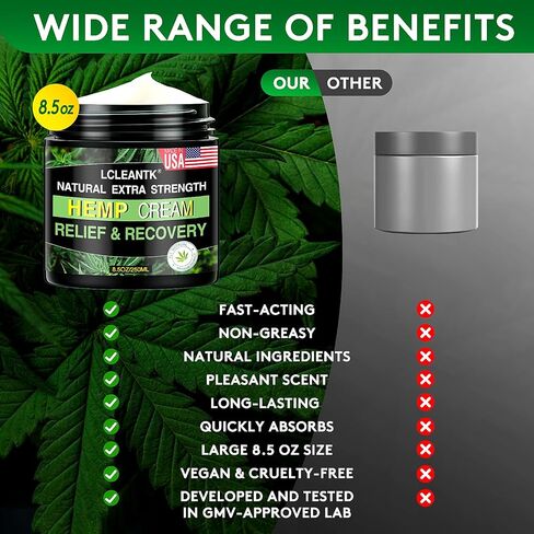 Lcleantk 8.5 oz Instant Hemp Cream - Maximum Strength Natural Smoothing Hemp Cream for Muscles, Joints, Foot, Back, Knees, Neck, Fingers, Elbows with Hemp, Arnica, Turmeric in Saudi Arabia