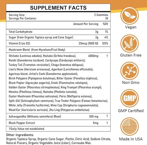 علكات فطر أوسيو - عرف الأسد، كورديسيبس، ريشي - مكمل فطر الدماغ منشط الذهن - للوظيفة الإدراكية والجهاز المناعي ومضادات الأكسدة - 120 علكة in Kuwait