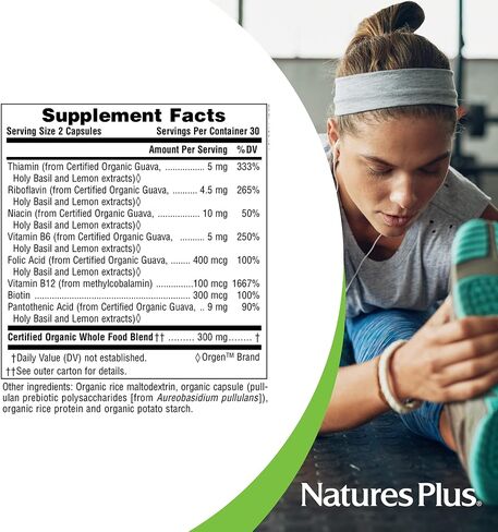 NaturesPlus Source of Life Garden Certified Organic B Complex - 60 Vegan Capsules - Complete Vitamin B Supplement, Energy Booster - Vegetarian, Gluten-Free - 30 Servings in Saudi Arabia