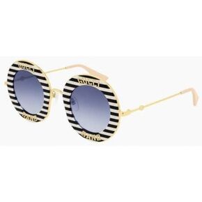 Gucci GG 0113S 008 Black and Tan Striped Plastic Round Sunglasses Blue Lens, 44-30-140 in Kuwait