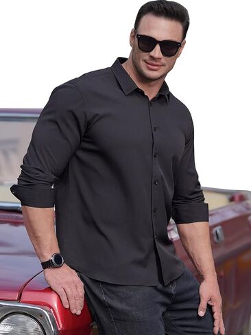 Cagocarben Mens Long Sleeve Shirts Button Down Casual Business Shirt Solid Plain Formal Stretch Shirts in Saudi Arabia