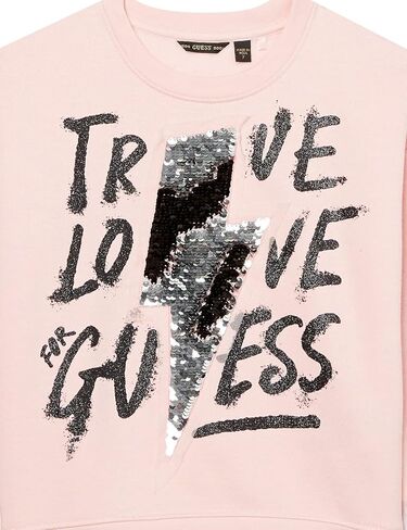 سويت شيرت GUESS للفتيات كبير ذو وجهين مزين بالترتر والكافيار اللامع بطباعة فنية صديقة للبيئة in Kuwait