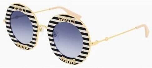 Gucci GG 0113S 008 Black and Tan Striped Plastic Round Sunglasses Blue Lens, 44-30-140 in Kuwait