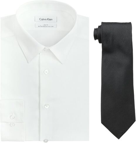 Calvin Klein Men's Slim Fit Herringbone Dress Shirt and Silver Spun Tie Combo in Saudi Arabia