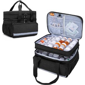 CURMIO Double Layers Pill Bottle Organizer Bag Empty, Medicine Organizer Storage Case with Lockable Zippers, Medication Travel Bag for Prescription Bottles, Medical Supplies, Black (Patent Design)