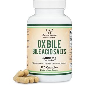 مكمل Ox Bile لعدم وجود المرارة (1000 مجم لكل وجبة، 500 مجم لكل كبسولة، 120 كبسولة) موحد بنسبة 45% من أملاح حمض الكوليك الصفراوية للمساعدة في معالجة نقص الملح الصفراوي بواسطة Double Wood in Saudi Arabia