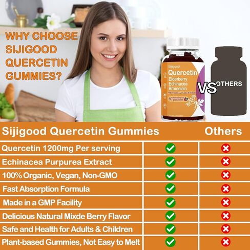 1200MG Quercetin Gummies with Bromelain, Elderberry, Echinacea, Vitamin C D Zinc - Immune System Support 60 Counts Pure Quercetin Gummies for Kids & Adults in Kuwait