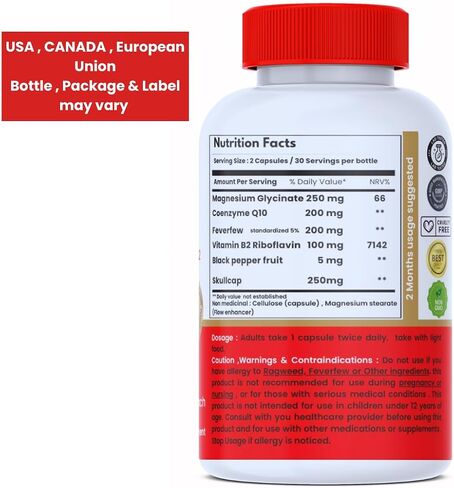 migraine Relief MIGRAINE Guard ® 2022 - Clinically Proven COQ10, VIT B2, Feverfew, Magnesium GLYCINATE, Skullcap *NEW2022 migraine Relief Products in Saudi Arabia