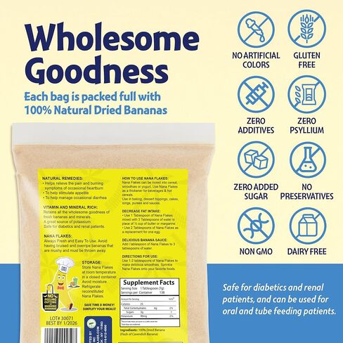 Nana Flakes 100% Pure Banana Flakes Medical Food Powder - Decrease Fat Intake & Natural Remedy for Diarrhea & Heart Burn - Great Source of Protein & Fiber (Banana, One Pound Bag) in Saudi Arabia