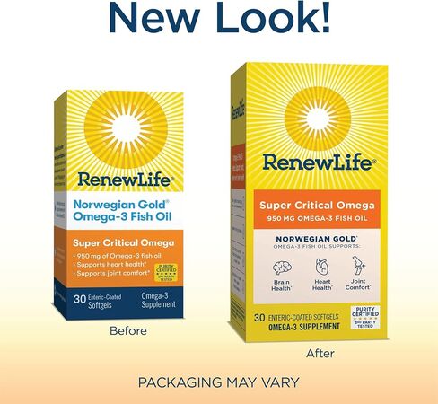 Renew Life Norwegian Gold Critical Omega, Omega-3 Fish Oil, 60 Burp-Free Softgels (Pack May Vary) in Kuwait