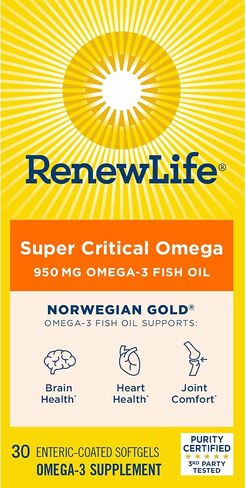 Renew Life Norwegian Gold Critical Omega, Omega-3 Fish Oil, 60 Burp-Free Softgels (Pack May Vary) in Kuwait