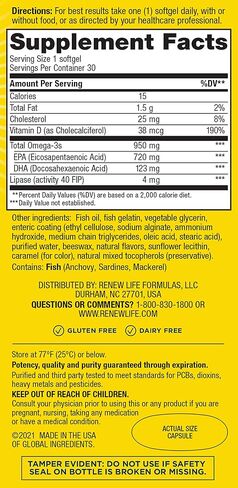 Renew Life Norwegian Gold Critical Omega, Omega-3 Fish Oil, 60 Burp-Free Softgels (Pack May Vary) in Kuwait