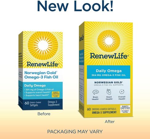 Renew Life Norwegian Gold Critical Omega, Omega-3 Fish Oil, 60 Burp-Free Softgels (Pack May Vary) in Kuwait
