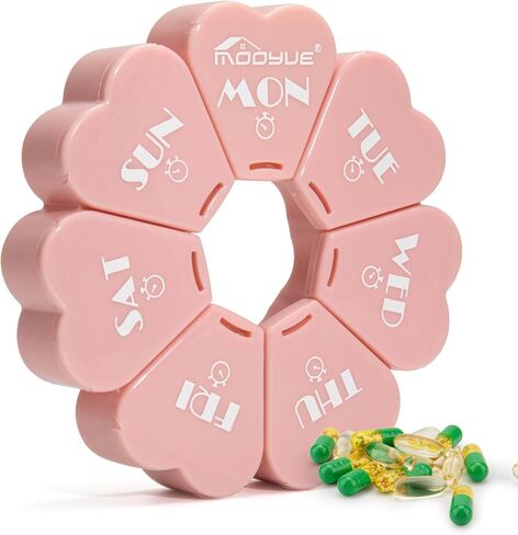 ترقية منظم حبوب الدواء الأسبوعي، منظم أدوية السفر من مويو، مقصورات كبيرة صديقة لالتهاب المفاصل، صندوق حبوب لطيف لمدة 7 أيام، منظم صندوق حبوب الدواء اليومي للفيتامينات وزيوت السمك (حرف وردي-أبيض) in Kuwait