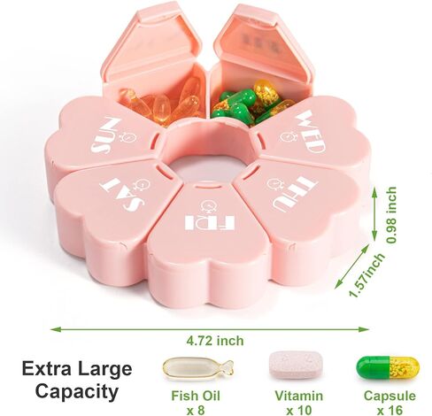 ترقية منظم حبوب الدواء الأسبوعي، منظم أدوية السفر من مويو، مقصورات كبيرة صديقة لالتهاب المفاصل، صندوق حبوب لطيف لمدة 7 أيام، منظم صندوق حبوب الدواء اليومي للفيتامينات وزيوت السمك (حرف وردي-أبيض) in Kuwait