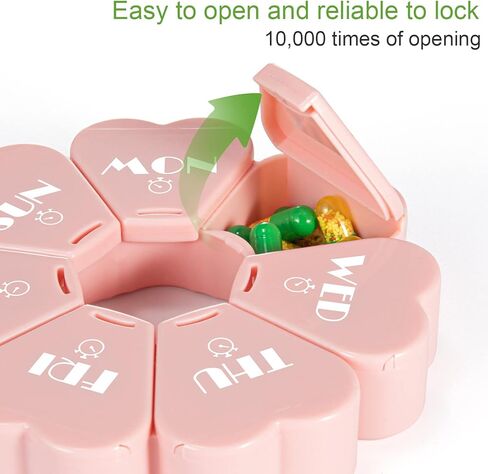 ترقية منظم حبوب الدواء الأسبوعي، منظم أدوية السفر من مويو، مقصورات كبيرة صديقة لالتهاب المفاصل، صندوق حبوب لطيف لمدة 7 أيام، منظم صندوق حبوب الدواء اليومي للفيتامينات وزيوت السمك (حرف وردي-أبيض) in Kuwait