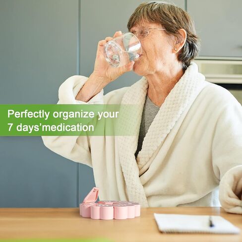 ترقية منظم حبوب الدواء الأسبوعي، منظم أدوية السفر من مويو، مقصورات كبيرة صديقة لالتهاب المفاصل، صندوق حبوب لطيف لمدة 7 أيام، منظم صندوق حبوب الدواء اليومي للفيتامينات وزيوت السمك (حرف وردي-أبيض) in Kuwait