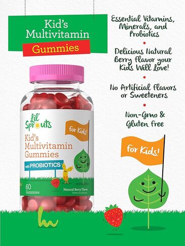 Kids Multivitamin Gummies with Probiotics | 60 Chewables | Natural Berry Flavor | Vegetarian, Non-GMO, Gluten Free Children's Supplement | by Lil' Sprouts | Packaging May Vary in Saudi Arabia