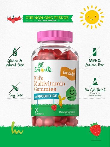 Kids Multivitamin Gummies with Probiotics | 60 Chewables | Natural Berry Flavor | Vegetarian, Non-GMO, Gluten Free Children's Supplement | by Lil' Sprouts | Packaging May Vary in Saudi Arabia