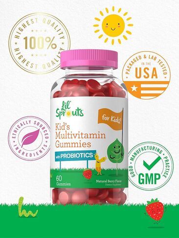 Kids Multivitamin Gummies with Probiotics | 60 Chewables | Natural Berry Flavor | Vegetarian, Non-GMO, Gluten Free Children's Supplement | by Lil' Sprouts | Packaging May Vary in Saudi Arabia