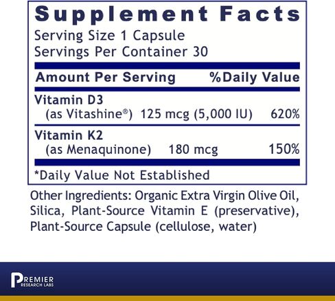 Premier Research Labs Vitamin D3+K2 - Supports Bone & Heart Health - Vegan, Gluten-Free - 30 Plant-Source Capsules in Saudi Arabia