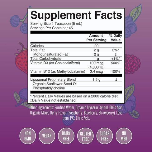 MaryRuth Organics Vitamin D, D3, Liquid, 45 Day Supply, Sugar Free, Liposomal Immune Support for Adults, VIT D3, Vegan, Gluten Free, Non-GMO, 45 Servings, Pack of 1 in Saudi Arabia
