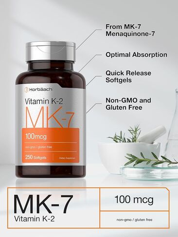 Vitamin K2 MK7 100mcg | 250 Softgels | Non-GMO, Gluten Free Supplement | by Horbaach in Saudi Arabia