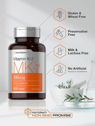 Vitamin K2 MK7 100mcg | 250 Softgels | Non-GMO, Gluten Free Supplement | by Horbaach in Saudi Arabia