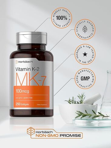 Vitamin K2 MK7 100mcg | 250 Softgels | Non-GMO, Gluten Free Supplement | by Horbaach in Saudi Arabia