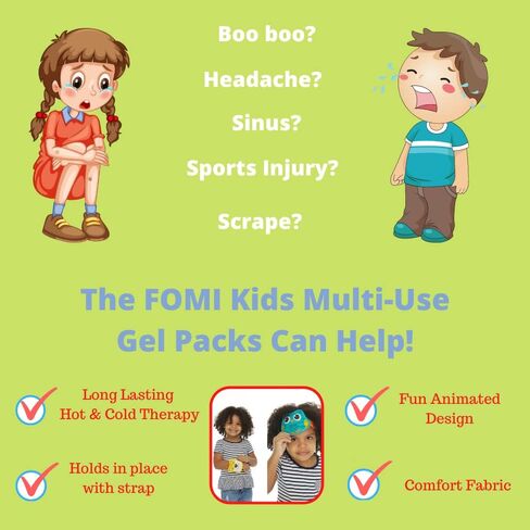 FOMI Kids Hot Cold Gel Ice Packs | 2 Pack | Multi-Use Fun Animal Designed Wrap for Head, Eyes, Elbow, Wrist, Ankle, Knee | Pain Relief for Children Boo Boos, Fever, Sinus, Headache | Reusable in Saudi Arabia