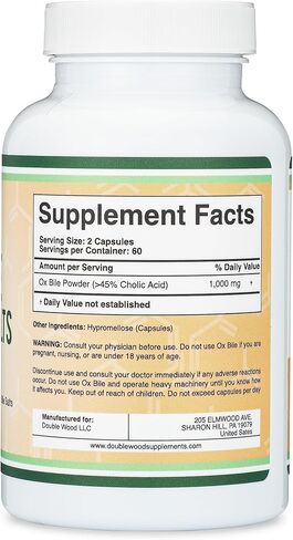 Ox Bile Supplement for No Gallbladder (1,000mg Per Serving, 500mg per Capsule, 120 Capsules) Standardized to 45% Cholic Acid Bile Salts to Help Address Bile Salt Deficiencies by Double Wood in Saudi Arabia