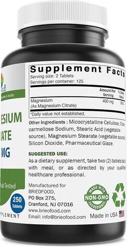 سيترات المغنيسيوم من Brieofood 400 مجم (عنصر Mg) لكل وجبة - 250 قرصًا - استرخاء العضلات (Citrato de Magnesio) in Saudi Arabia
