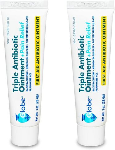 (2 Pack) Globe 1oz Triple Antibiotic Ointment + Pain Relief, Dual Action Maximum Strength First Aid Ointment Soothes and Heals Painful Minor Scratches and Wounds and Prevents Infection in Saudi Arabia