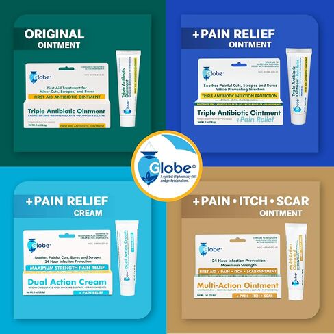 (2 Pack) Globe 1oz Triple Antibiotic Ointment + Pain Relief, Dual Action Maximum Strength First Aid Ointment Soothes and Heals Painful Minor Scratches and Wounds and Prevents Infection in Saudi Arabia