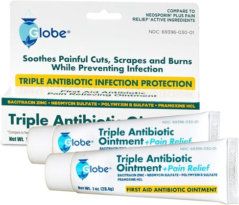 (2 Pack) Globe 1oz Triple Antibiotic Ointment + Pain Relief, Dual Action Maximum Strength First Aid Ointment Soothes and Heals Painful Minor Scratches and Wounds and Prevents Infection in Saudi Arabia