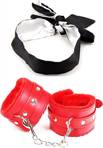 Adjustable Satin Eye Mask Blindfold Soft Eye Covers - Fluffy Wrist Faux Leather Handcuffs Fetish - Adjustable Eye Mask and Fluffy HandCuffs - Satin Blindfold Eye Mask in Saudi Arabia
