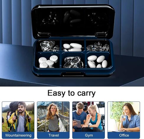 Pill Box Organizer, Waterproof Pretty Daily Pill Case - Travel Portable Medicine Box, BPA Free Pill Container for Vitamins, Fish Oils, Supplements, Ideal for Outdoor Travel, Gym, Office (Black) in Kuwait