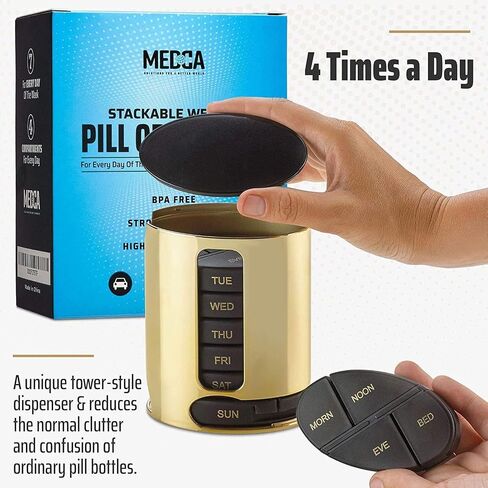 MEDca Weekly Pill Organizer, 1 Dispenser, 7 Stackable Multi-Color Compartments Four Times-a-Day - Morning, Noon, Evening, and Bedtime, Black in Kuwait
