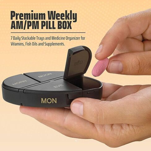 MEDca Weekly Pill Organizer, 1 Dispenser, 7 Stackable Multi-Color Compartments Four Times-a-Day - Morning, Noon, Evening, and Bedtime, Black in Kuwait
