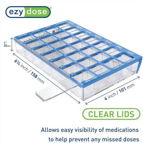 EZY DOSE (7 أيام) حبوب منع الحمل، دواء، صندوق منظم الفيتامينات أسبوعيًا، 4 مرات في اليوم، أغطية شفافة ذات مقصورات متوسطة صباحًا ومساءً (91360) in Kuwait