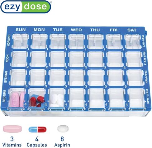 EZY DOSE (7 أيام) حبوب منع الحمل، دواء، صندوق منظم الفيتامينات أسبوعيًا، 4 مرات في اليوم، أغطية شفافة ذات مقصورات متوسطة صباحًا ومساءً (91360) in Kuwait