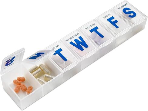 Weekly Pill Organizer - Extra Large with Easy to Read Jumbo Letters Vitamin Container, BPA Free - Daily Travel 7 Day Medication Pill Box Case, (Black) in Kuwait