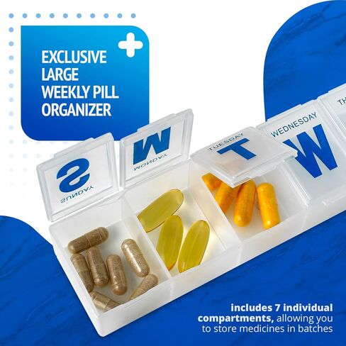 Weekly Pill Organizer - Extra Large with Easy to Read Jumbo Letters Vitamin Container, BPA Free - Daily Travel 7 Day Medication Pill Box Case, (Black) in Kuwait