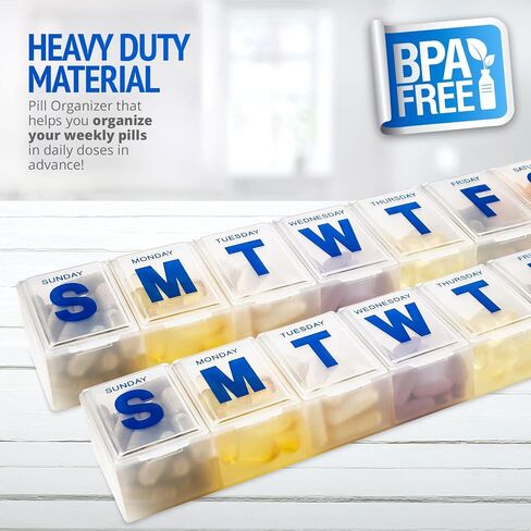Weekly Pill Organizer - Extra Large with Easy to Read Jumbo Letters Vitamin Container, BPA Free - Daily Travel 7 Day Medication Pill Box Case, (Black) in Kuwait
