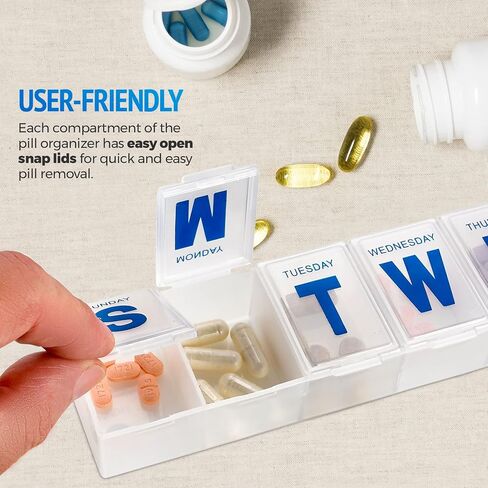 Weekly Pill Organizer - Extra Large with Easy to Read Jumbo Letters Vitamin Container, BPA Free - Daily Travel 7 Day Medication Pill Box Case, (Black) in Kuwait