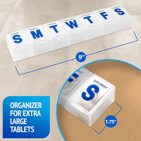 Weekly Pill Organizer - Extra Large with Easy to Read Jumbo Letters Vitamin Container, BPA Free - Daily Travel 7 Day Medication Pill Box Case, (Black) in Kuwait