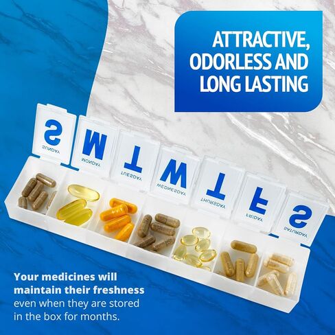 Weekly Pill Organizer - Extra Large with Easy to Read Jumbo Letters Vitamin Container, BPA Free - Daily Travel 7 Day Medication Pill Box Case, (Black) in Kuwait