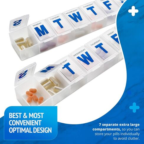 Weekly Pill Organizer - Extra Large with Easy to Read Jumbo Letters Vitamin Container, BPA Free - Daily Travel 7 Day Medication Pill Box Case, (Black) in Kuwait