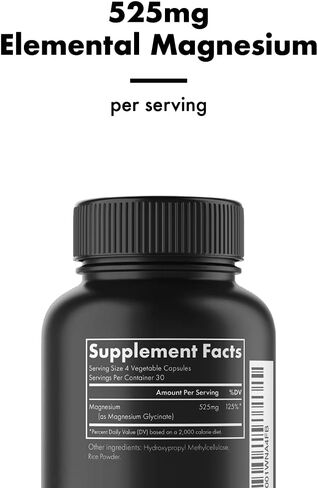 Magnesium Glycinate 525 mg Elemental Complex -125% DV High Absorption Bioavailable Supplement to Support Magnesium Levels, Vegan & Non-GMO, 120 Veggie Caps in Saudi Arabia